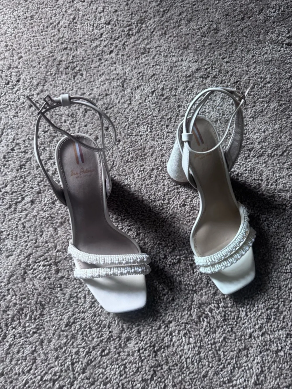 Sam Edelman Women's Ivory Beaded Block Heel Sandals - Elegant Ankle Strap